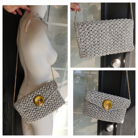 Rodo Italy Vtg Purse Bag Basket Weave Grey w/Gold Chain‎ Strap Medallion Rare - Picture 1 of 2